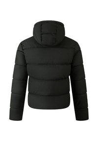 Sort pufferjakke med hætte, med quiltet design, lange ærmer og en struktureret silhuet, lavet af glat, isoleret materiale.