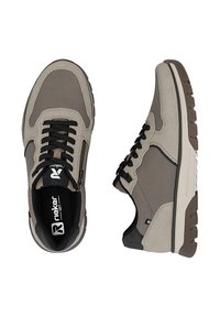 Gray sneakers with a textured mesh and suede upper, black laces, a padded tongue, and a chunky brown rubber sole.