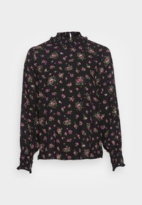 Blusa preta com mangas longas, pequeno colarinho franzido e padrão floral em rosa e verde. Punhos franzidos e tecido leve.