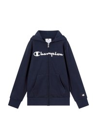Sudadera con cremallera color azul marino hecha de tela suave, presenta un diseño de logo en la parte frontal, dos bolsillos laterales y puños y dobladillo acanalados.