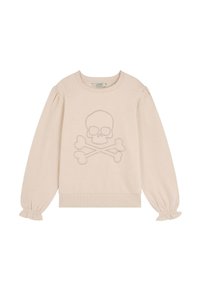 Sudadera color beige claro con diseño de calavera y huesos cruzados. Presenta mangas abullonadas y puños de canalé en el dobladillo y las mangas. Textura suave.
