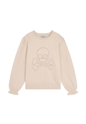 Sudadera color beige claro con diseño de calavera y huesos cruzados. Presenta mangas abullonadas y puños de canalé en el dobladillo y las mangas. Textura suave.