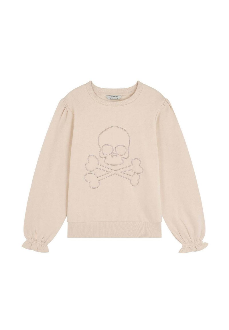 Sudadera color beige claro con diseño de calavera y huesos cruzados. Presenta mangas abullonadas y puños de canalé en el dobladillo y las mangas. Textura suave.