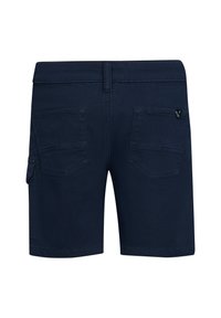 Granatowe szorty cargo o gładkiej fakturze, z dwoma tylnymi kieszeniami, kieszenią boczną oraz przeszyciami wzdłuż krawędzi.