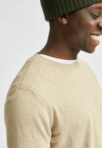 Maglione beige a maglia con dettagli a coste sulle spalle. Indossato sopra una camicia bianca, presenta un collo rotondo e una texture morbida. Berretto verde a coste.