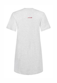 Γκρι βαμβακερό φόρεμα t-shirt με κοντά μανίκια, με στρογγυλή λαιμόκοψη και μικρό κόκκινο κεντημένο κείμενο στο πίσω μέρος.