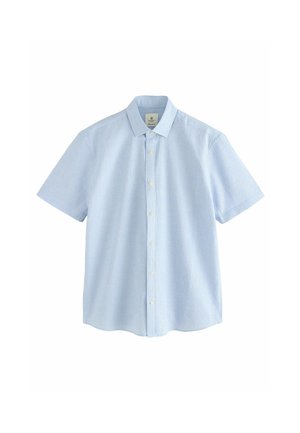 Lichtblauw overhemd met korte mouwen, knopen, gestructureerde stof en spitse kraag, getoond op een witte achtergrond.