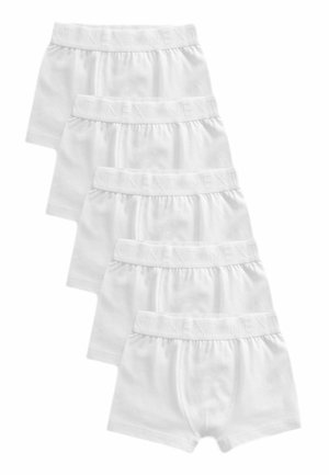 Weiße Baumwoll-Boxershorts übereinander gestapelt, mit einem elastischen Bund, auf dem "NEXT" eingeprägt ist, flachen Nähten und einem klassischen Schnittdesign.