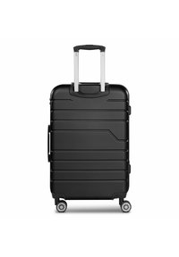 Valigia rigida nera con scanalature verticali, manico retrattile, due ruote scorrevoli e una maniglia laterale. Design compatto e rettangolare.