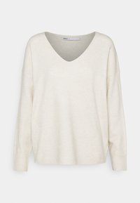 Beżowy sweter w serek z długimi, luźnymi rękawami i ściągaczami. Miękka, teksturowana tkanina z luźnym krojem, odpowiednia do codziennych stylizacji.