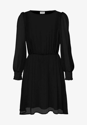 Czarna sukienka z długimi, przezroczystymi rękawami, marszczoną talią i zwiewnym dołem. Gładki materiał z lekko przezroczystym obszyciem.