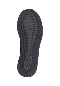 Zwarte rubberen schoenzool met opvallende profielpatronen en groeven voor grip, met een gestructureerd oppervlak en verhoogde merkdetails.