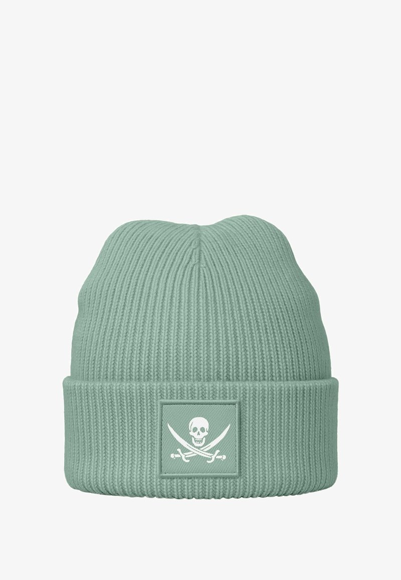 Mintgrüne, gerippte Strickmütze mit einem weißen Totenkopf- und Knochenpatch auf der Vorderseite, mit weicher Textur und abgerundetem Oberteil.