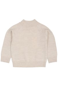 Pulover tricotat de culoare bej deschis, cu guler înalt, mâneci raglan și manșete cu nervuri. Textură moale, design simplu și spate fără cusături.