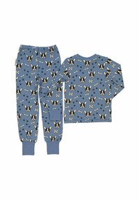 Barns pyjamas set i mjukt blått tyg med ett tryck av hundhuvuden, ben och tassavtryck; långa ärmar och elastisk midja.