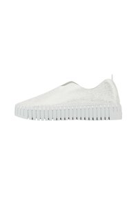 Weiße Slipper-Sneaker mit strukturiertem Obermaterial und einer dicken, gerillten Sohle. Verfügt über eine Lasche an der Rückseite für einfaches Anziehen. Glattes und minimalistisches Design.