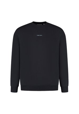 Black crewneck sweatshirt with long sleeves and small white text "PURE PATH" centered on the chest.