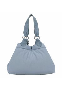 Bolsa de tela azul claro con una textura suave. Presenta dos asas resistentes con anillos metálicos y una costura en el centro en la parte superior para el cierre.
