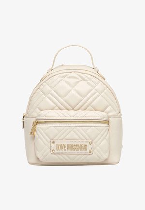 Petit sac à dos matelassé crème avec fermetures éclair dorées, poignée supérieure, poche avant et plaque logo dorée "LOVE MOSCHINO".