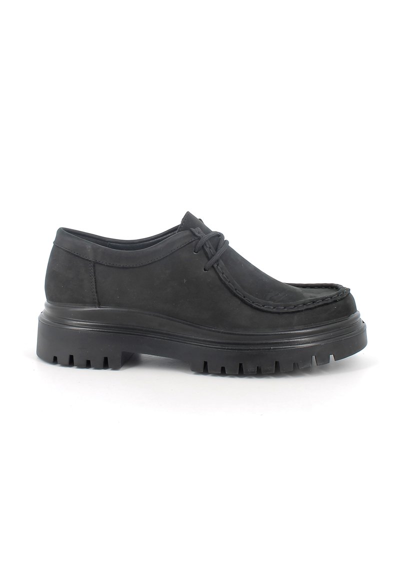 Scarpe in pelle nera con una texture liscia, punta arrotondata e suola spessa e robusta. Presentano lacci e cuciture decorative lungo la parte superiore.