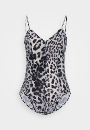 Bañador de una pieza con estampado de leopardo que presenta tirantes finos, un escote en V y una silueta ajustada y elegante en tonos negro y crema.