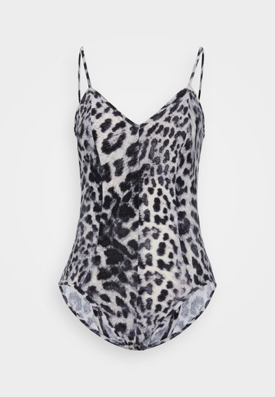 Leopardmønstret badedrakt med tynne stropper, V-hals og en slank, tett passform i svart og kremfarger.