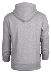 Grauer Kapuzenpullover mit gerippten Bündchen und Saum, mit einer einheitlichen Textur ohne auffällige Muster oder Akzente.