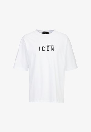 Wit katoenen T-shirt met korte mouwen, met een zwarte "DSQUARED2 ICON" print aan de voorkant. Klassieke ronde hals, losse pasvorm.