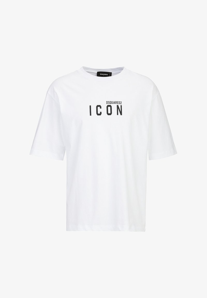 White cotton t-shirt with short sleeves, featuring a black "DSQUARED2 ICON" print on the front. Classic crew neckline, relaxed fit.