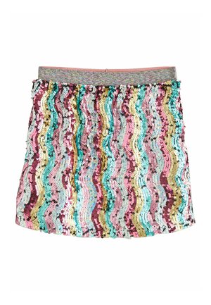 Jupe à sequins colorés avec des motifs ondulés en rose, bleu, or et marron. Taille élastique avec un bord brillant. Longueur au-dessus de la mi-cuisses.