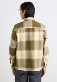 Chemise à carreaux pour homme en vert, beige et gris. Dotée d'un col boutonné, de manches longues et d'une texture de tissu douce avec de grands motifs à carreaux.