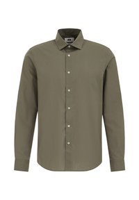 Olijfgroene lange mouwen shirt met een standaardkraag, knoopsluiting aan de voorkant en een gladde stoftextuur. Voorzien van zilverkleurige knopen.