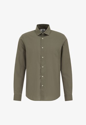 Olívazöld hosszú ujjú ing szabványos gallérral, elöl gombos záródással, és sima anyagstruktúrával. Ezüstszínű gombokkal ellátva.