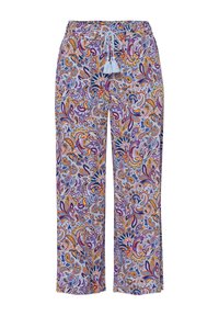 Pantalons légers à motifs avec un fond bleu ornés de motifs paisley en violet, orange et blanc. Taille élastique avec cordon de serrage.