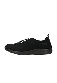 Scarpe sportive nere in camoscio con un design curvo, dettagli in rete e suola in gomma testurizzata. Presentano lacci elastici e una linguetta per il tallone.