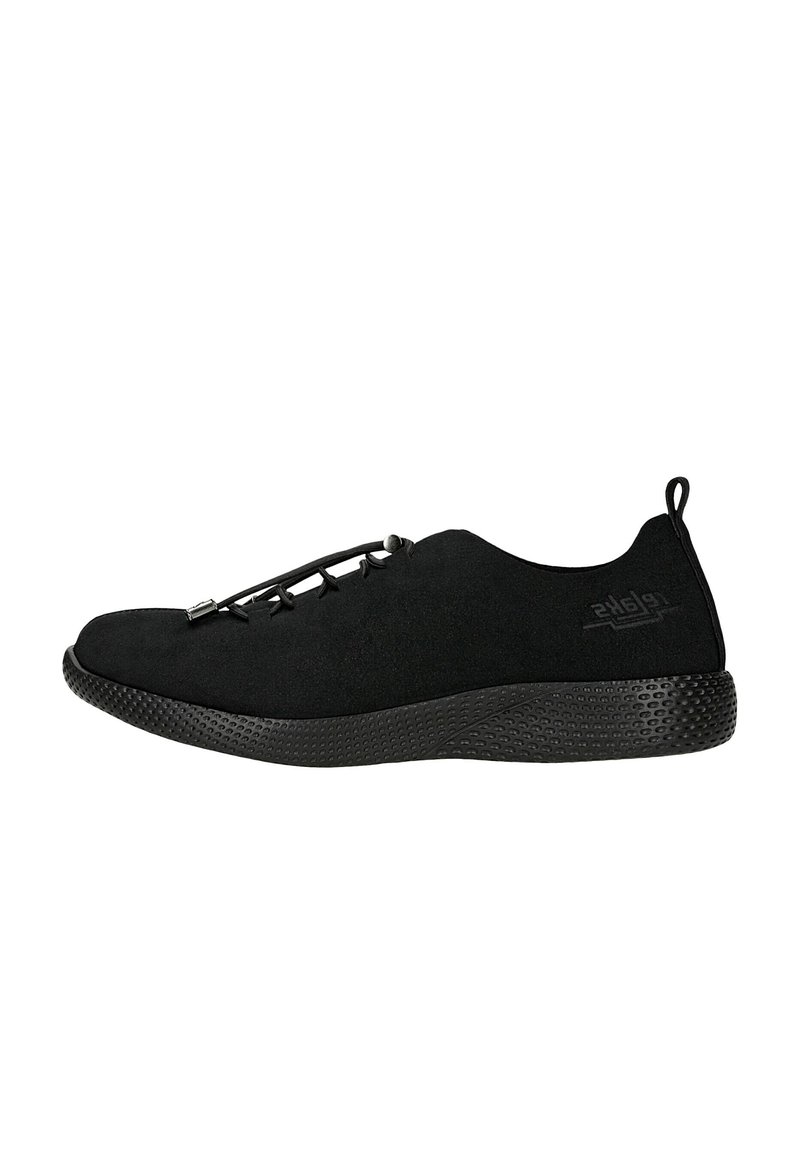 Scarpe sportive nere in camoscio con un design curvo, dettagli in rete e suola in gomma testurizzata. Presentano lacci elastici e una linguetta per il tallone.