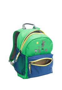 Sac à dos vert et bleu pour enfants avec des fermetures éclair jaunes, une poche latérale en filet et des personnages d'animaux sous un soleil imprimé sur la poche avant.