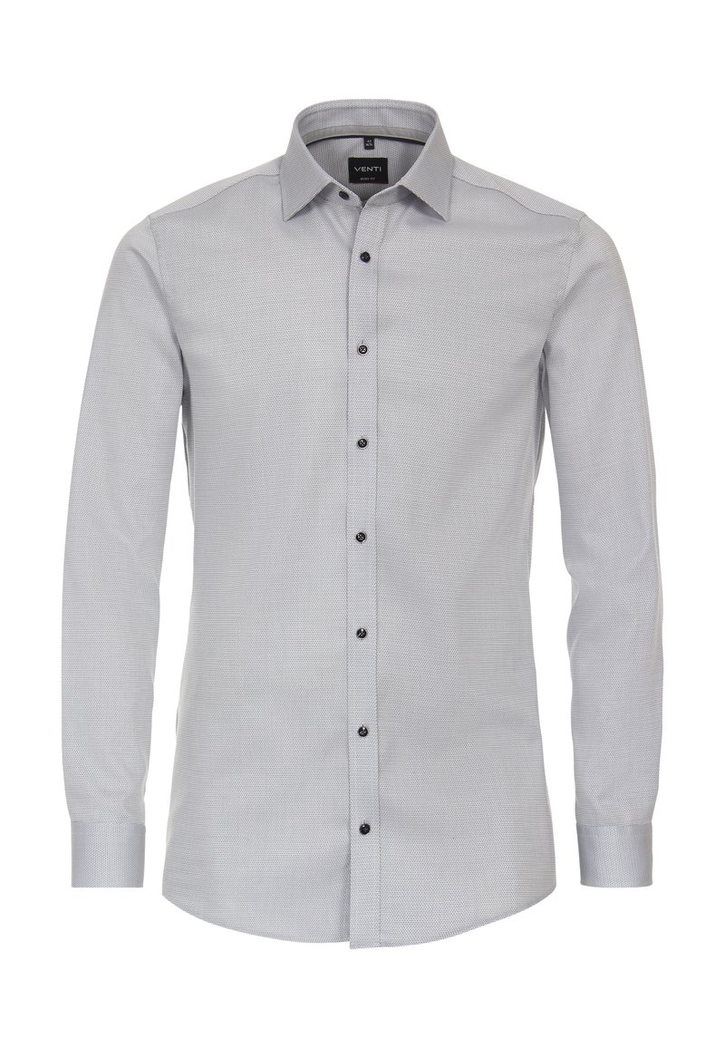 Grijze langemouwen overhemd met knopen en een subtiele textuurpatroon. Zwarte knopen en een gestructureerde kraag. Glad materiaal met een getailleerde pasvorm.