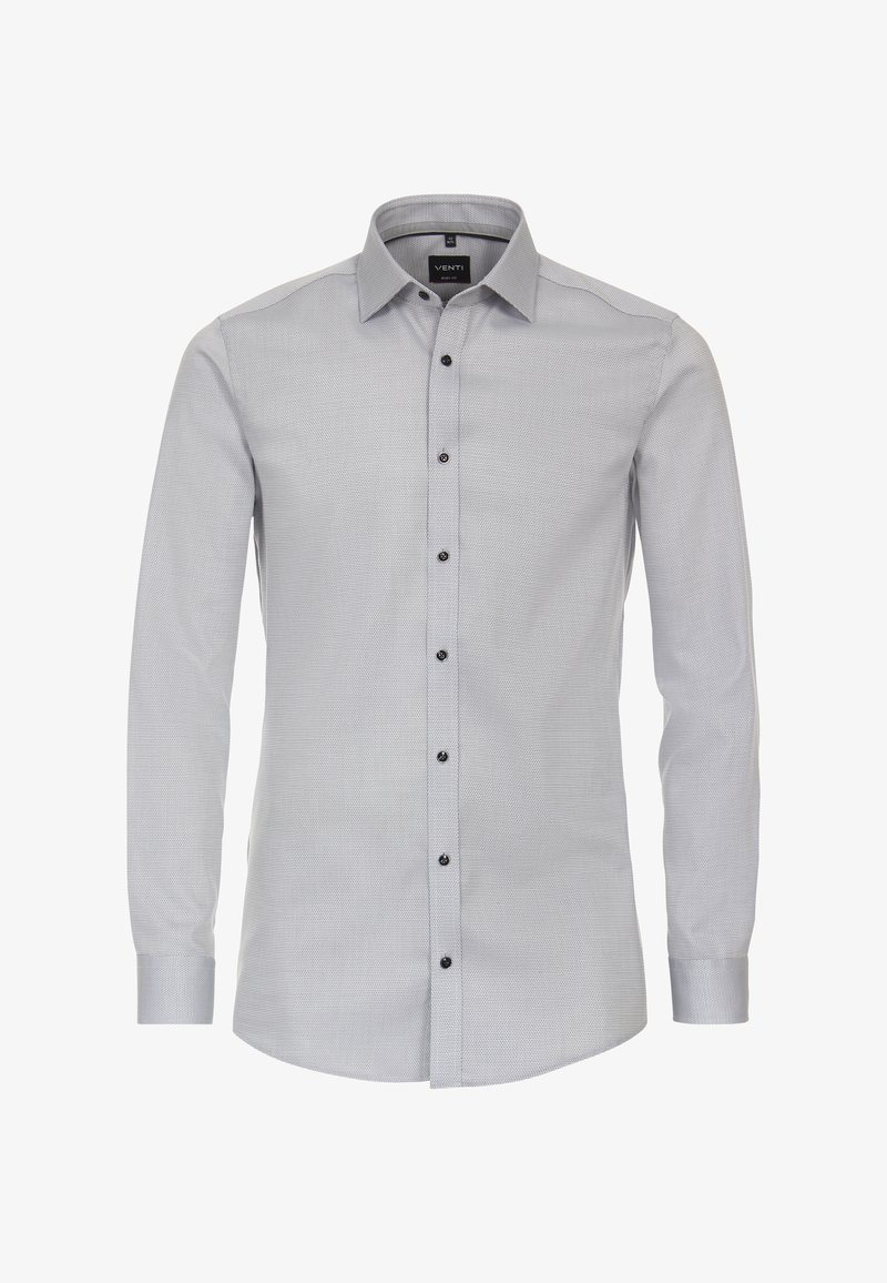 Grijze langemouwen overhemd met knopen en een subtiele textuurpatroon. Zwarte knopen en een gestructureerde kraag. Glad materiaal met een getailleerde pasvorm.