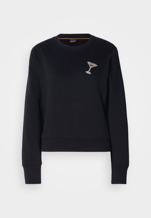 Schwarzer Sweatshirt mit rundem Halsausschnitt und langen Ärmeln. Auf der linken Brust befindet sich ein mit Kristallen verziertes Cocktailglas. Weicher Stoff.