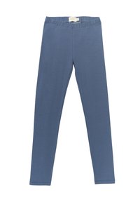 Blaue Leggings aus weichem, dehnbaren Stoff. Verfügen über einen elastischen Taillenbund für zusätzlichen Komfort. Glatte Textur ohne sichtbare Muster oder Akzente.