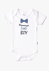 White cotton onesie with short sleeves, featuring a blue bow graphic and the text "Mommy's little BOY" in varying blue fonts. Snap closure at the bottom.