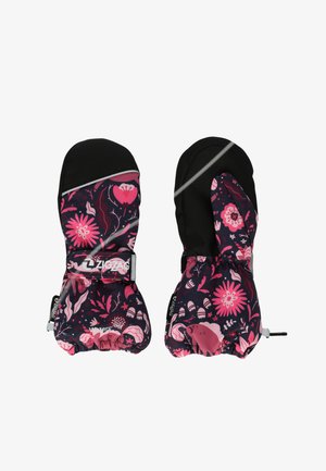 Vedenpitävät lapaset, joissa on musta yläosa ja ruusuinen kuvio pinkillä ja purppuralla. Elastinen ranneosa, säädettävä hihna ja kiristetyt hihansuut lämpöä varten.