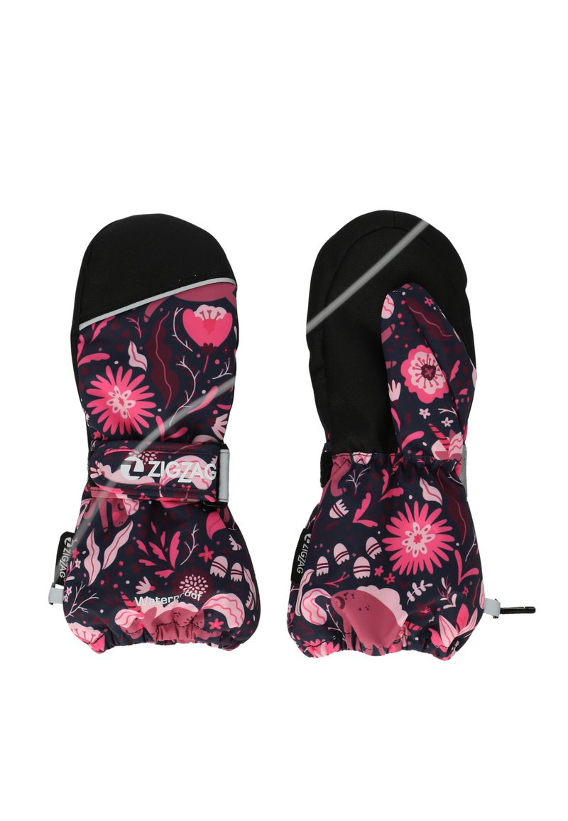 Les moufles imperméables présentent un dessus noir et un motif floral en rose et violet. Poignet élastique, sangle ajustable et poignets resserrés pour plus de chaleur.