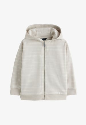 Lyse beige hættejakke med tynde hvide vandrette striber, lynlås foran og ribstrikkede manchetter og kant.