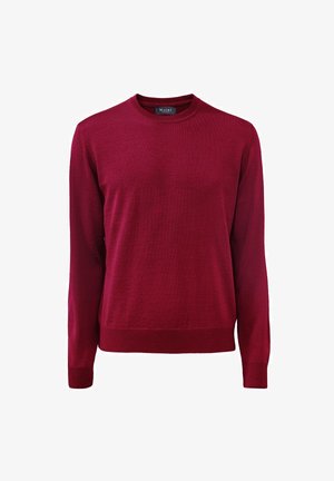 Rode gebreide trui met lange mouwen en een ronde hals. Heeft ribgebreide manchetten en onderrand, gemaakt van zachte textiel.