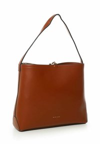 Borsa tote in pelle marrone con una sola tracolla, forma arrotondata, bordi neri e apertura con zip; presenta un logo sottile sulla parte anteriore.