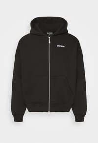 Sweat à capuche noir zippé avec poches avant, logo WRSTBHVR sur la poitrine et à l'intérieur du col, manches longues et capuche.