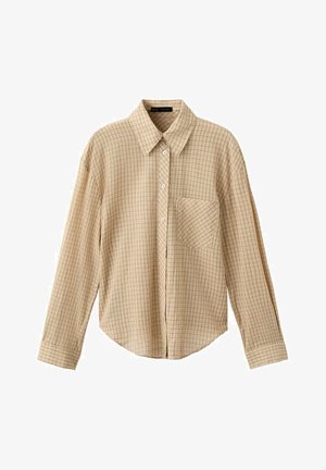 Chemise beige à manches longues avec petit motif quadrillé, col pointu, poche poitrine avant et poignets boutonnés.
