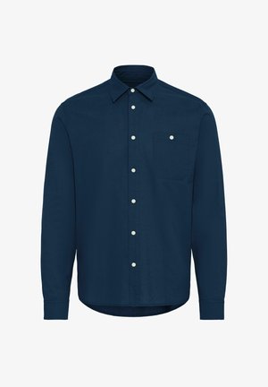 Tengerészkék, hosszú ujjú, pamut ing, gombos elejével, hegyes gallérral és egyetlen mellzseb gombos részletezéssel.